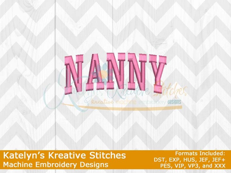 May include: Pink embroidery design for a machine embroidery project. The design says "NANNY" in a bold, blocky font. The design is available in multiple formats, including DST, EXP, HUS, JEF, JEF+, PES, VIP, VP3, and XXX.
