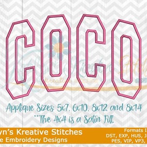 May include: Pink embroidered design of the name "COCO" in a bold, geometric font. The design is for machine embroidery, with various applique sizes listed. The background is a white chevron pattern.