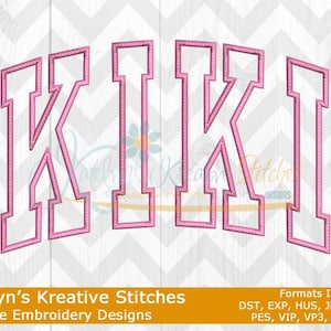 May include: Pink embroidered letters spelling "KIKI" in a bold, blocky font style. The letters are outlined in a darker pink and have a dotted texture. The image includes the text "Katelyn's Kreative Stitches Machine Embroidery Designs" and "Formats Included: DST, EXP, HUS, JEF, JEF+ PES, VIP, VP3, and XXX".