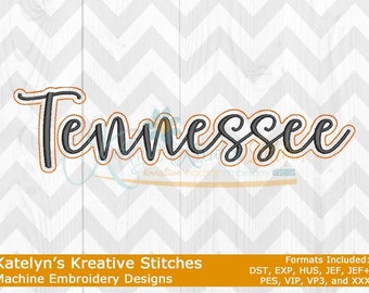 May include: Machine embroidery design of the word "Tennessee" in a cursive font. The design is outlined in orange and filled in with gray. The text "Katelyn's Kreative Stitches Machine Embroidery Designs" and a list of file formats are included below the design.