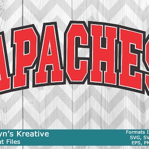 May include: Red and black graphic design with the word "APACHES" in a bold, arched font. The design is on a gray chevron background.