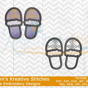 Peut inclure: Motifs de broderie machine de deux paires de pantoufles. Une paire a un motif violet et or, l'autre paire a un motif floral blanc. Le texte "Katelyn's Kreative Stitches" est en bas.