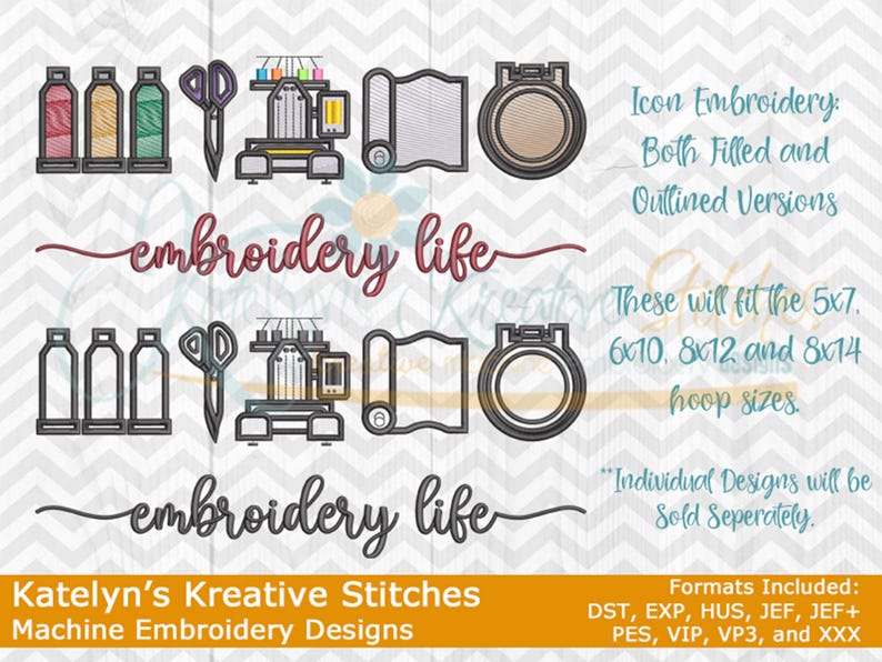 May include: Machine embroidery design icons, including spools of thread, scissors, an embroidery machine, fabric roll, and a hoop. The text "embroidery life" is displayed in a cursive font. The design is by Katelyn's Kreative Stitches.