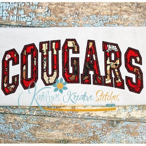 May include: Red and white "COUGARS" text with a patterned design. The letters are outlined in black and have a 3D effect.