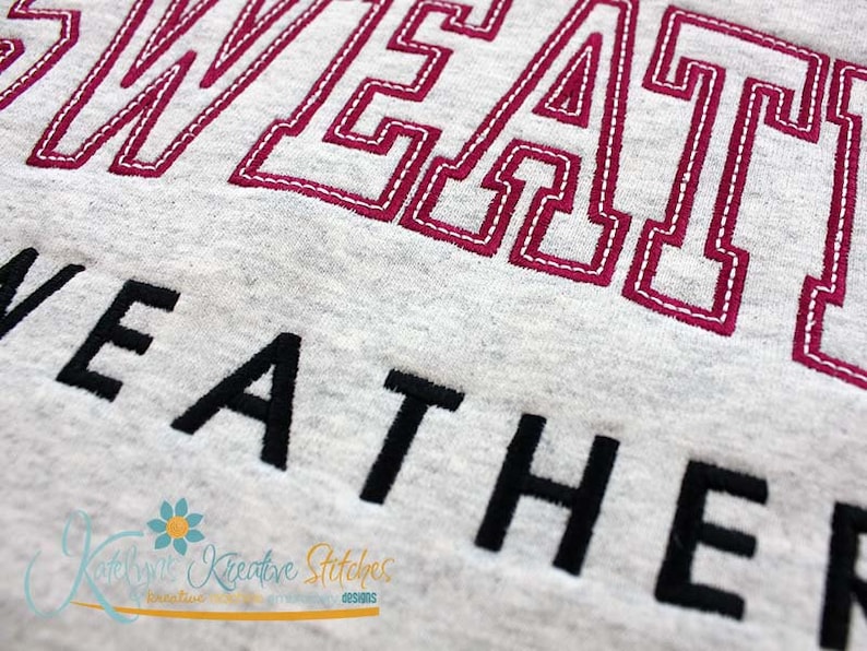 May include: Close-up of a gray sweatshirt with the word "SWEATER" embroidered in pink thread and the word "WEATHER" embroidered in black thread.
