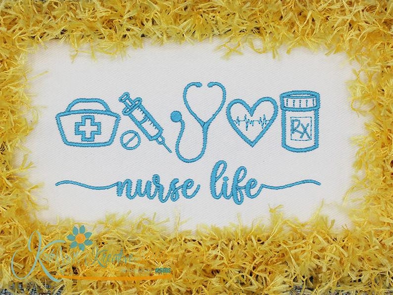 May include: Embroidered design on a white background with blue thread. The design includes a stethoscope, a heart, a pill bottle, a syringe, a first aid kit, and the text "nurse life".