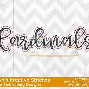 May include: A machine embroidery design featuring the word "Cardinals" in a cursive font. The text is outlined in black with a red border and a light blue shadow. The design is set against a white and gray chevron background. The design also includes the text "Katelyn's Kreative Stitches Machine Embroidery Designs".
