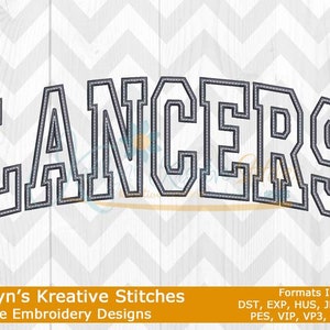 May include: A machine embroidery design featuring the word "LANCERS" in a stylized, arched font. The letters are outlined in a dark gray with a dotted stitch effect, set against a white chevron background. The design includes various embroidery formats.
