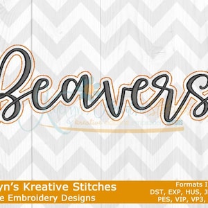 May include: Black embroidered word "Beavers" with a gold outline, set against a white and gray chevron pattern. The design is for machine embroidery. The text "Katelyn's Kreative Stitches" is also visible.