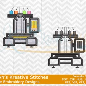 May include: Two machine embroidery design illustrations. Each machine is black and gray with a yellow accent. The machines have spools of thread in various colors. The text "Katelyn's Kreative Stitches Machine Embroidery Designs" is at the bottom.