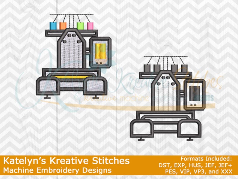 May include: Two machine embroidery design illustrations. Each machine is black and gray with a yellow accent. The machines have spools of thread in various colors. The text "Katelyn's Kreative Stitches Machine Embroidery Designs" is at the bottom.