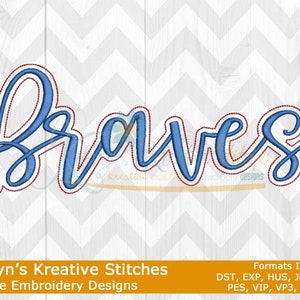 May include: Machine embroidery design of the word "Braves" in a blue cursive font with a red outline. The design is perfect for creating personalized apparel, home decor, or gifts.
