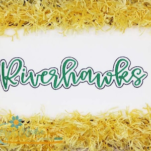 May include: Embroidered green text on a white background that reads "Riverhawks".