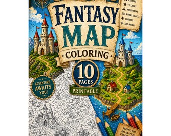 Fantasy Map Coloring Pages Printable, Easy Fantasy City Coloring Book, Relaxing Adult Coloring Pages PDF, Simple Fantasy Map Art