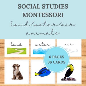 May include: Montessori educational cards for social studies. The cards feature the words "land", "water", and "air" with corresponding illustrations. The image also includes a dog, a blue fish, and a toucan. The text reads "6 pages, 36 cards."