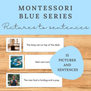 May include: Educational resource from the Montessori Blue Series, titled "Pictures to sentences." Features three images with sentences: "The lamp sat on top of the desk," "Sam can swim," and "The man had a hotdog and a pop." Includes 15 pictures and sentences.