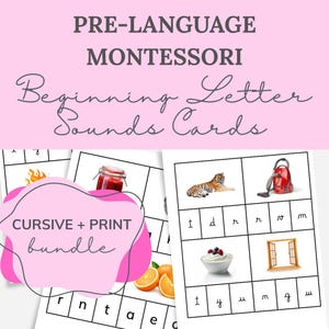 May include: Educational Montessori flashcards for pre-language learning. The cards feature images with corresponding letters in both cursive and print. The text on the cards reads "Beginning Letter Sounds Cards" and "CURSIVE + PRINT bundle".