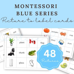 Puede incluir: Tarjetas de nomenclatura Montessori Serie Azul. La imagen muestra tarjetas con imágenes y etiquetas. Las tarjetas muestran un taladro, una planta, una bandera, un zorrillo, un vaso, etc. Una insignia azul indica 48 imágenes.