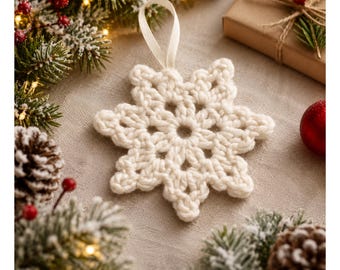 May include: A cream-colored crocheted snowflake ornament featuring a six-pointed star design with an open-work center and a matching fabric loop at the top for hanging. The snowflake is crafted from thick yarn with a textured, knotted appearance.