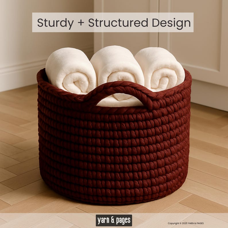 Puede incluir: Una cesta redonda tejida de color burdeos con un asa, llena de tres mantas blancas enrolladas. El texto "Sturdy + Structured Design" est&aacute; en la parte superior. La marca "yarn & pages" est&aacute; en la parte inferior.