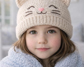 Cat Hat Crochet Pattern + VIDEO | Lovely Cute Kitty Beanie PDF | Baby Kids & Adult Sizes |  | Ribbed Hat with Ears
