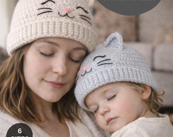 Virkmönster för kattmössa + VIDEO | Härlig söt kattmössa i PDF-format | Baby, barn och vuxna storlekar | | Ribbad mössa med öron