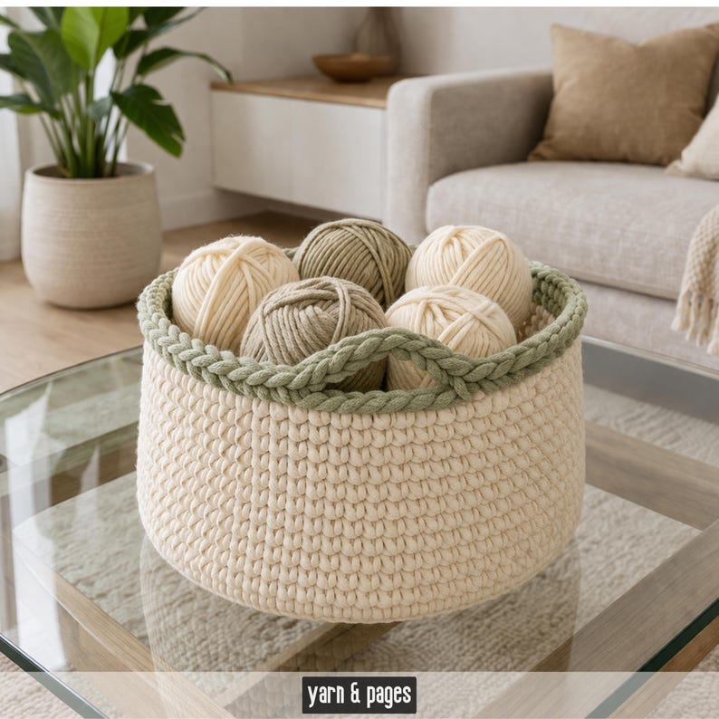 Puede incluir: Una cesta de ganchillo de color crema con un borde trenzado verde, llena de ovillos de lana en tonos crema y verde. El texto "yarn & pages" est&aacute; en la parte inferior de la imagen. La cesta est&aacute; sobre una mesa de cristal.