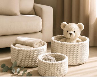 Beginner Crochet Basket Pattern | Modern Storage Basket | Cotton Rope Basket PDF | Nursery Decor| Built-in Handles