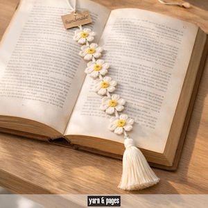 かぎ針編みのデイジーブックマークパターン｜タッセル付きの簡単な花柄PDF（本好きや手芸好き向け）