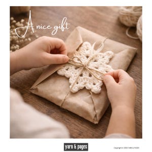 May include: A wrapped gift in brown paper, tied with twine and a crocheted snowflake ornament. The text "A nice gift" is written in cursive. The image is a close-up of hands tying the twine around the gift.