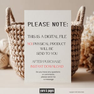 Puede incluir: Una tarjeta blanca con texto negro que dice "POR FAVOR, TENGA EN CUENTA: ESTE ES UN ARCHIVO DIGITAL &iexcl;NO! EL PRODUCTO F&Iacute;SICO SE LE ENVIAR&Aacute; DESPU&Eacute;S DE LA COMPRA: DESCARGA INSTANT&Aacute;NEA". Una cesta tejida est&aacute; en el fondo.