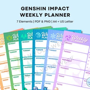 Op de afbeelding: Een verzameling kleurrijke Genshin Impact weekplanners. Elke planner heeft een ander kleurenschema en ontwerp, met secties voor elke dag van de week, notities en een takenlijst. De tekst "GENSHIN IMPACT WEEKLY PLANNER" staat bovenaan.