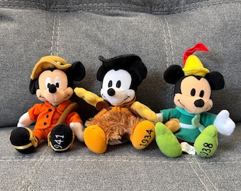 Rare Vintage Disney Store Mickey Mouse Through The Years Bean Bag Plush Set of 3(1934, 1938, 1941)