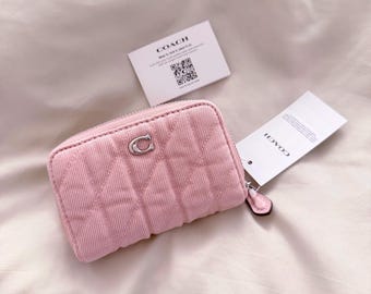 New COACH Quilted Pink Denim Small Zip Card Coin Case Purse Wallet