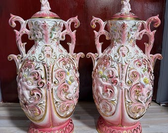 Vintage Italian Porcelain Urn Vases – Baroque Cherub Decor, Pink & Gold, Set of 2