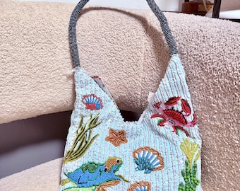 Neue Version Handgefertigt in Indien Ocean Sea Creatures Perlen Tasche Hobo