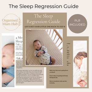 May include: A guide titled "The Sleep Regression Guide" with the text "Let's Get Your Little One Back to ZZZ's!" and "PLR Included." The image includes a baby in a crib, and text about sleep regression, including tips for parents.