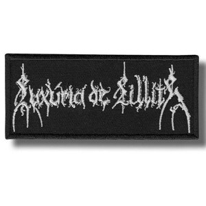 May include: Black rectangular patch with white embroidered text. The text is a band name or logo in a gothic style font. The patch has a black border and is likely made of fabric.
