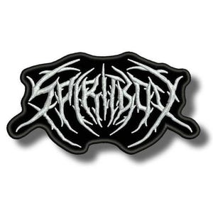 May include: Embroidered patch featuring the word "SPIRITBOX" in white, jagged lettering on a black, irregular-shaped background. The patch has a black border and is designed for clothing or accessories.