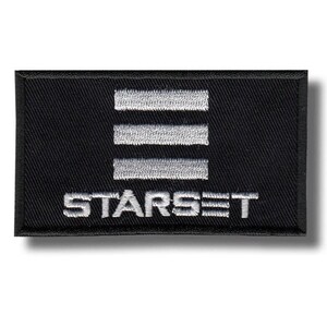 Puede incluir: Parche rectangular negro con la palabra "STARSET" bordada en blanco, debajo de tres líneas horizontales blancas. El parche tiene un borde negro y una sombra.