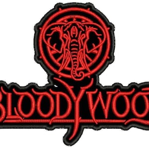 May include: Embroidered patch with the text "BLOODYWOOD" in red, with a black border. Above the text is a red circular design with an elephant outline. The patch has a black border and is suitable for clothing.