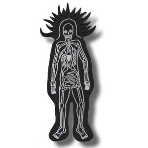 May include: Black embroidered patch depicting a stylized human figure with a skeletal design and internal organs in white. The figure has a spiky halo-like design around the head. A unique, gothic-inspired accessory.