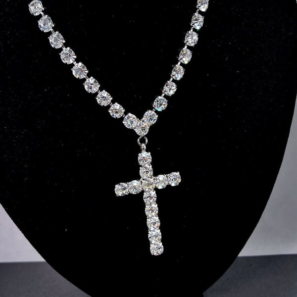 Vintage Signed GRAZIANO - BOLD Cross Pendant Necklace - Big Sparkling Clear Rhinestones - STUNNING!