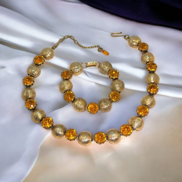 Vintage KRAMER Necklace & Bracelet Set -  Yummy Golden Rhinestones - Early Pieces!