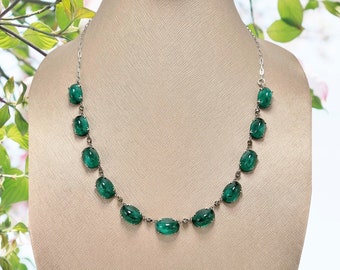 Vintage ART DECO Flawed Emerald Glass - High Dome Cabochons - Sterling Chain Necklace - Rhinestones