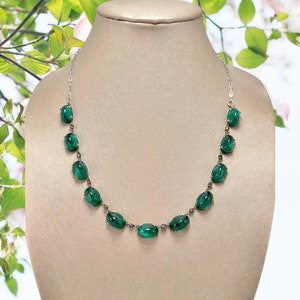Verre émeraude défectueux vintage ART DECO - Cabochons en dôme élevé - Collier chaîne en argent sterling - Pierres strass