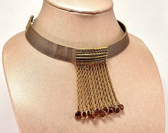 Vintage GOLDETTE - Mesh - Fringe - Golden Topaz Crystal - Egyptian Revival - Choker Necklace - Gorgeous!