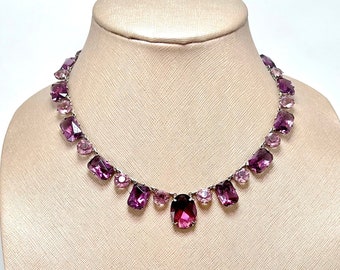 Vintage Art Deco Bezel Set French Cut Amethyst Purple Glass and Pink Crystal Sterling Silver Necklace