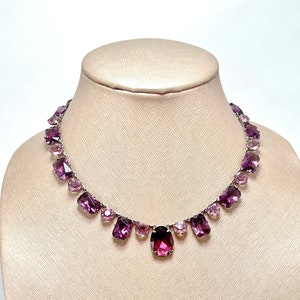 Vintage Art Deco Bezel Set French Cut Amethyst Purple Glass and Pink Crystal Sterling Silver Necklace image 1