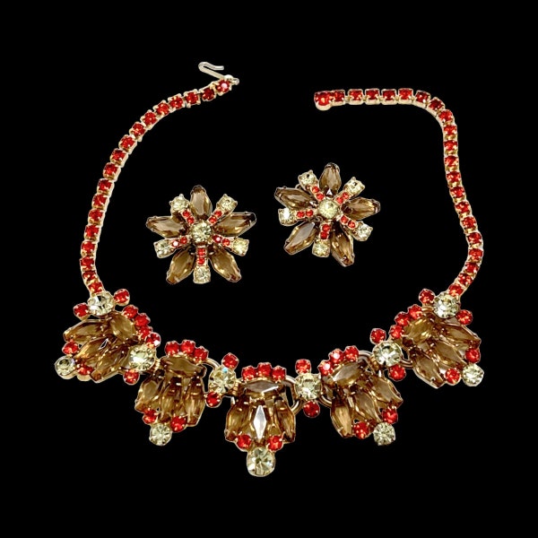 JULIANA Sparkling Topaz Orange Rhinestone 5 Link Vintage Necklace and Earring Set - Confirmed D&E!